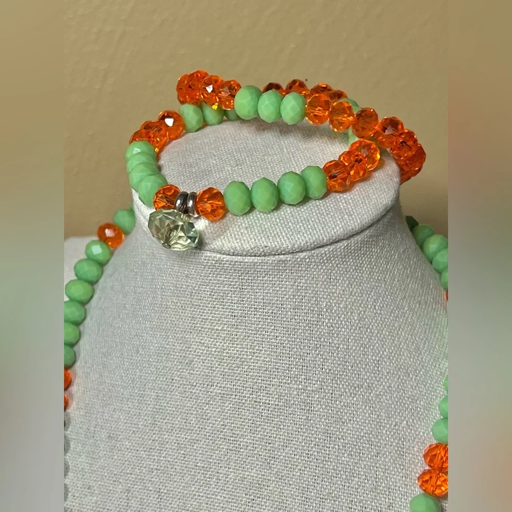 Murano Jade Green & Orange Glass & Shell 🐚 Handmade Artisan Jewelry set. - Picture 7 of 8